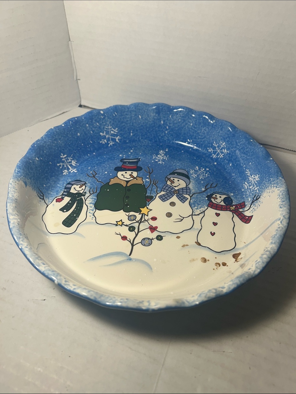 Festive Snowman Serving Bowl - Blue and White Holiday Decor 10 inch